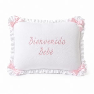 Almohadita Bienvenida Bordado Blanco con Rosa