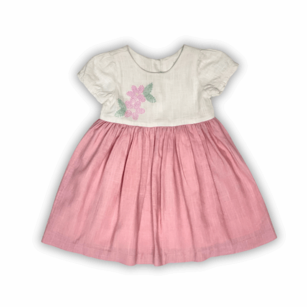 Vestido Lino Bordado Natural Rosa